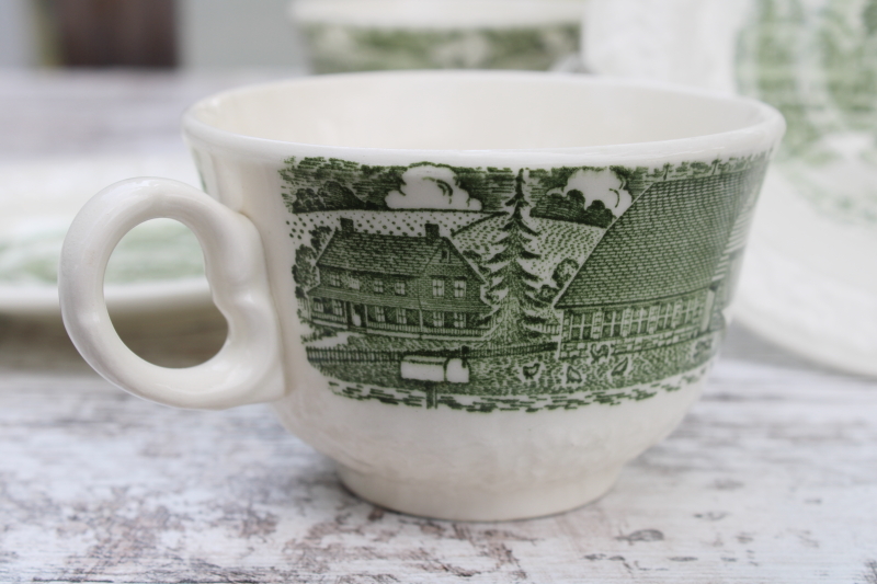 Pastoral pattern vintage green transferware cups saucers, scenic farm country print embossed china