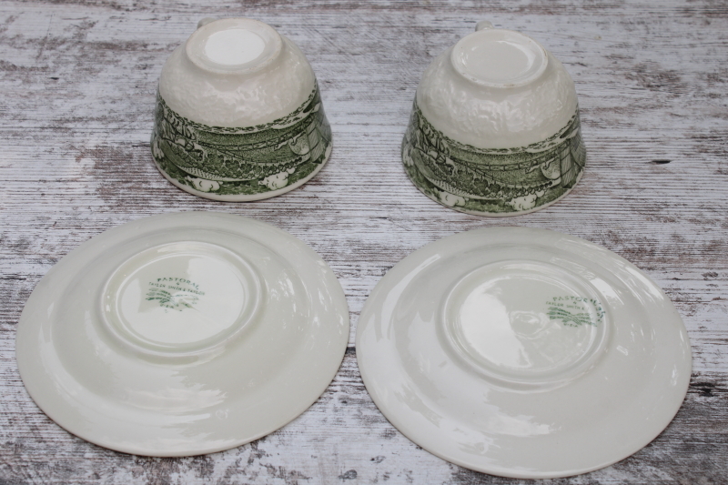 Pastoral pattern vintage green transferware cups saucers, scenic farm country print embossed china