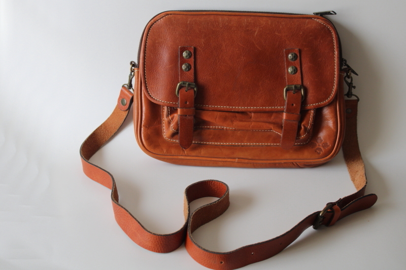 Patricia Nash brown leather crossbody bag, buckle flap purse w/ long shoulder strap