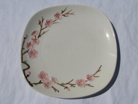 Peach Blossom china dinner plates, vintage Metlox PoppyTrail pottery dinnerware