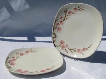 Peach Blossom china dinner plates, vintage Metlox PoppyTrail pottery dinnerware