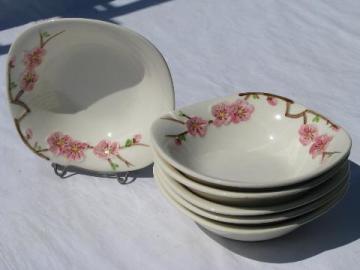 Peach Blossom china soup bowls, vintage Metlox PoppyTrail pottery dinnerware