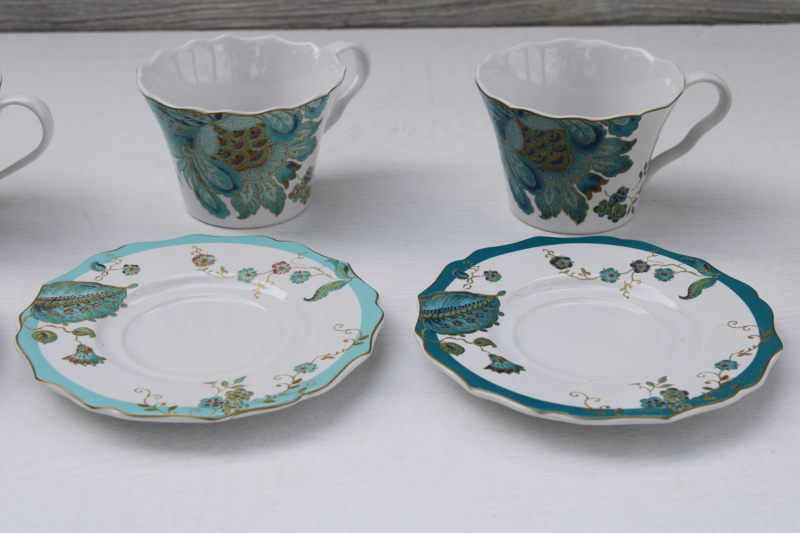 Peacock Garden & Eliza teal and turquoise 222 Fifth china tea cups & saucers, boho flowers & peacocks