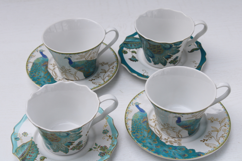 Peacock Garden & Eliza teal and turquoise 222 Fifth china tea cups & saucers, boho flowers & peacocks