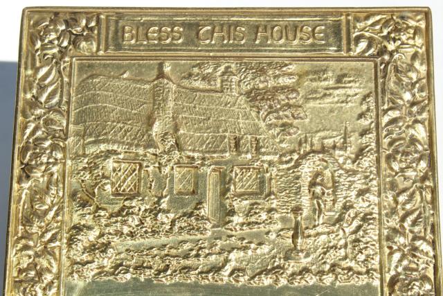Peerage wall plaque Bless the House motto, vintage embossed brass made in England