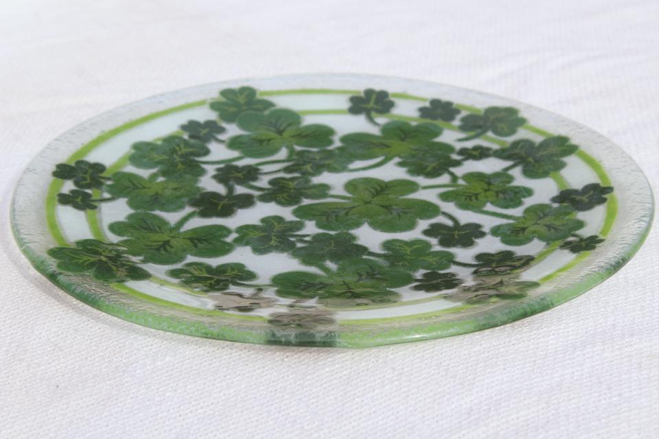 Peggy Karr glass platter or plate, shamrocks green clover serving tray