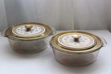 Persian Garden Georges Briard gold decorated Fire King casserole dishes, mid-century vintage