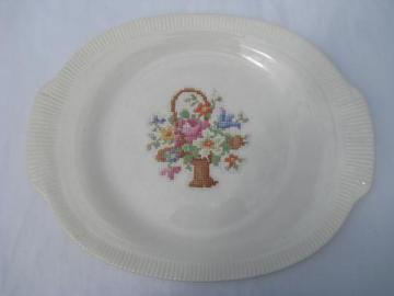Petitpoint flower basket pattern, vintage Salem pottery Victory tab-handled platter