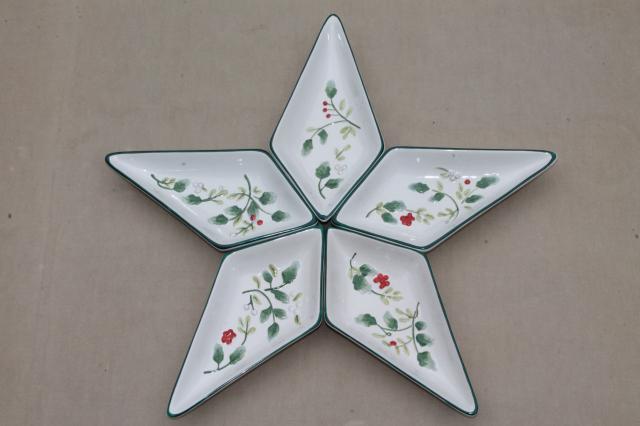 Pfaltzgraff Winterberry holly five part relish set, dishes form Christmas star shape