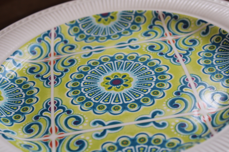 Pier 1 Atlas ironstone china dinner plates never used, tile pattern in lime green  blue