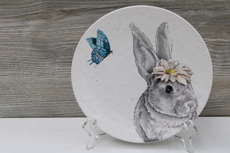 Pier 1 Easter bunny pattern dishes, ceramic salad plates w/ spring flowers, butterflies & rabbits