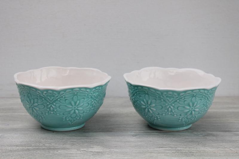 Pier 1 Lacy aqua blue & white deep bowls for soup or cereal, hand painted Italian style ceramic w/ embossed design