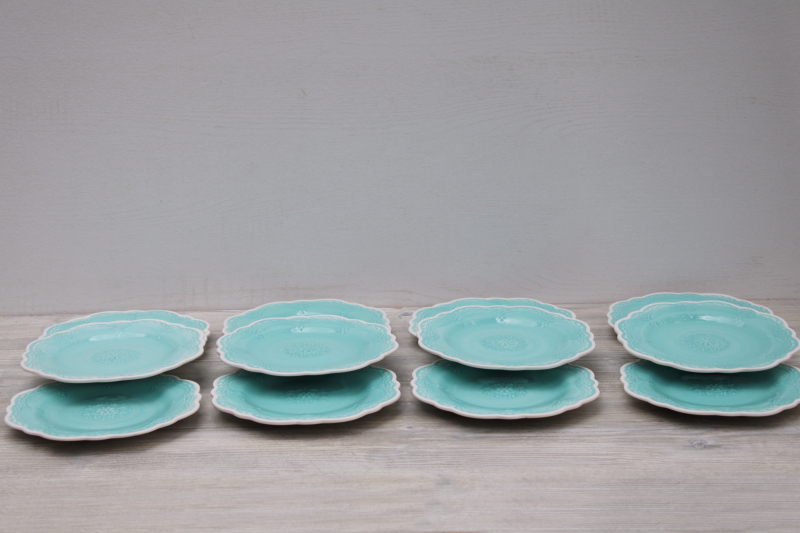 Pier 1 Lacy aqua blue & white salad plates set of 12, hand painted Italian style ceramic w/ embossed design
