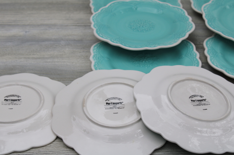 Pier 1 Lacy aqua blue & white salad plates set of 12, hand painted Italian style ceramic w/ embossed design