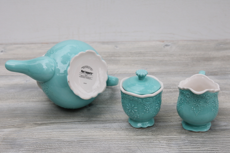 Pier 1 Lacy aqua blue & white tea set, hand painted Italian style ceramic w/ embossed design
