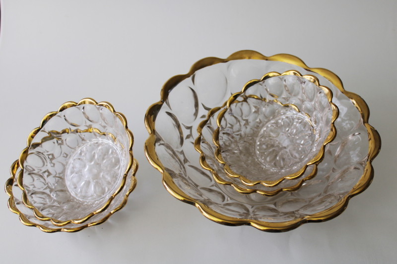 Pilgrim AKA thumbprint pattern glass, gold band fruit or salad bowls vintage Jeannette glass