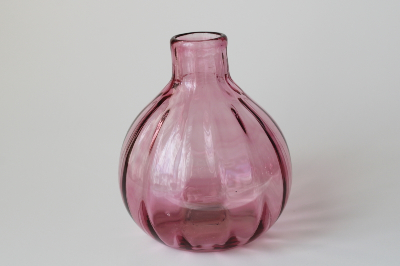 Pilgrim cranberry glass vase, round bottle or flask shape, mod vintage