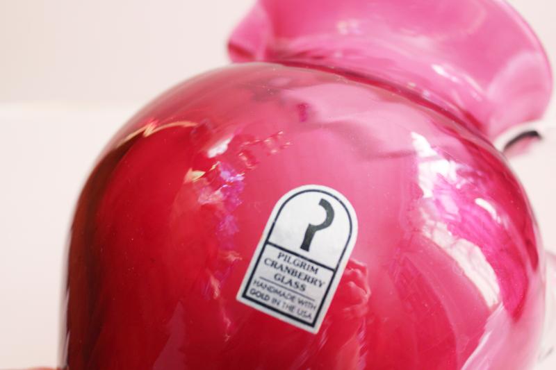 Pilgrim label vintage hand blown cranberry glass pitcher, beautiful deep pink red color