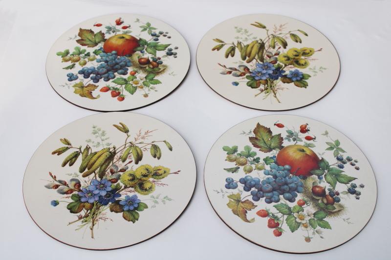 Pimpernel England cork backed round placemats, vintage botanical fruit flower prints 