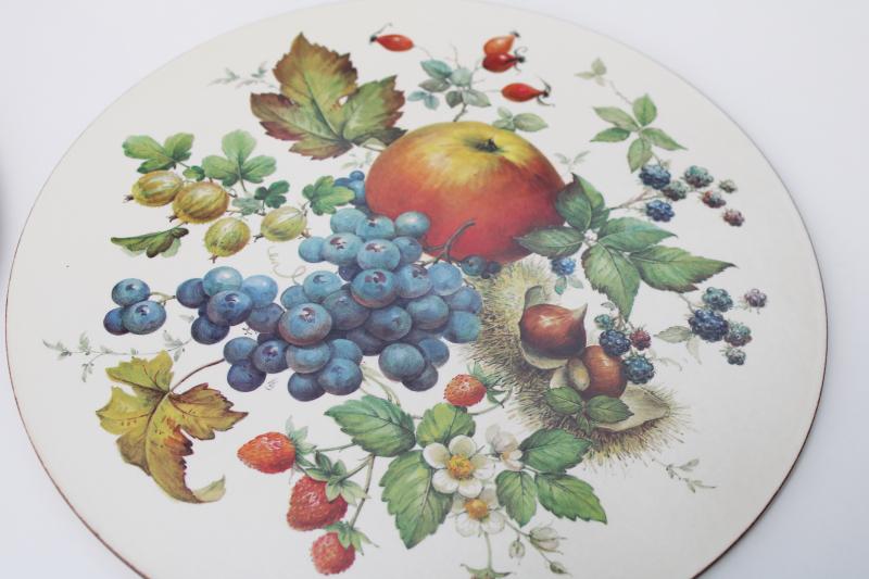 Pimpernel England cork backed round placemats, vintage botanical fruit flower prints 