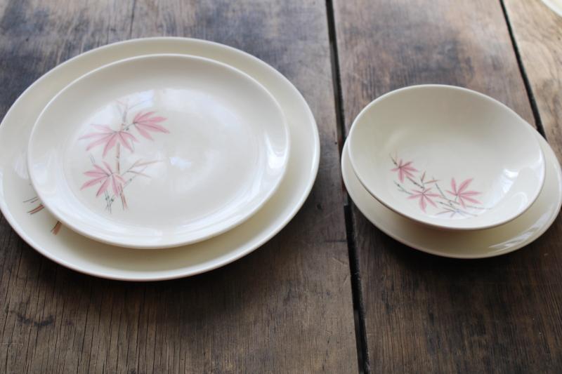 Pink Bamboo mid-century mod vintage pottery dinnerware, plates in three sizes, bowls
