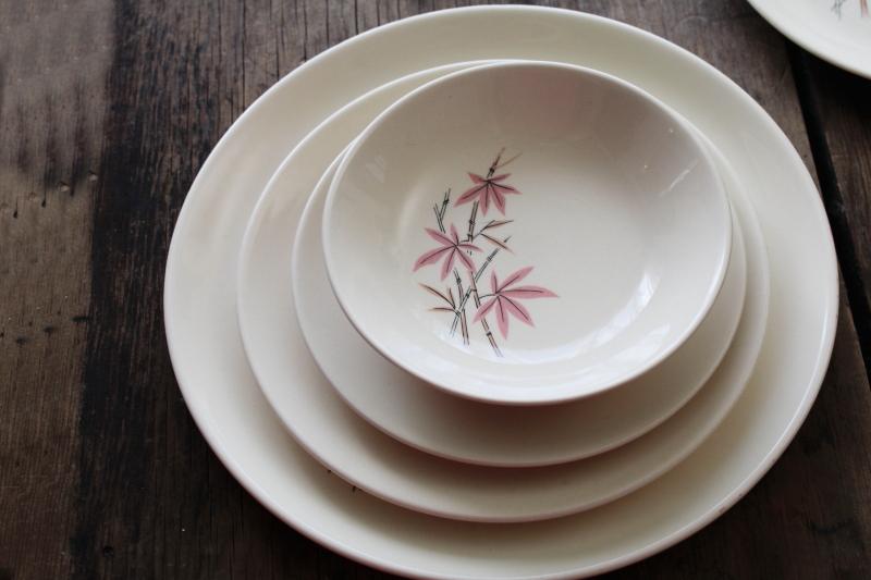 Pink Bamboo mid-century mod vintage pottery dinnerware, plates in three sizes, bowls