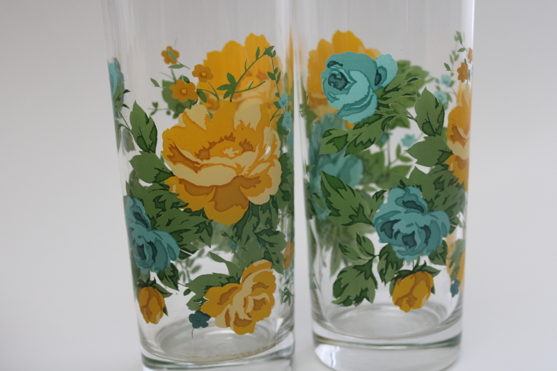 Pioneer Woman Rose Shadow floral print drinking glasses, aqua yellow