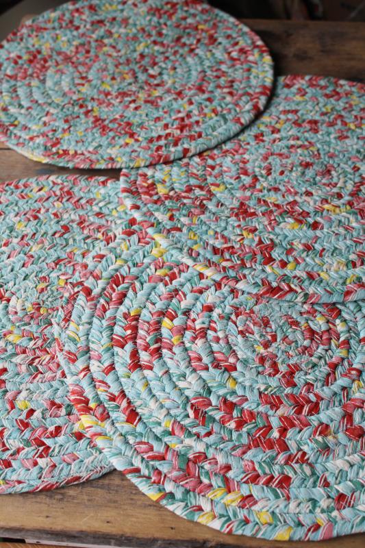 Pioneer Woman braided cotton placemats, aqua red yellow vintage floral colors 
