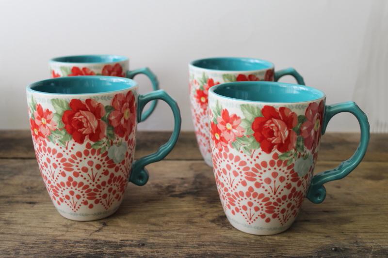 Pioneer Woman vintage floral jumbo mugs set of four 24 oz size coffee cups