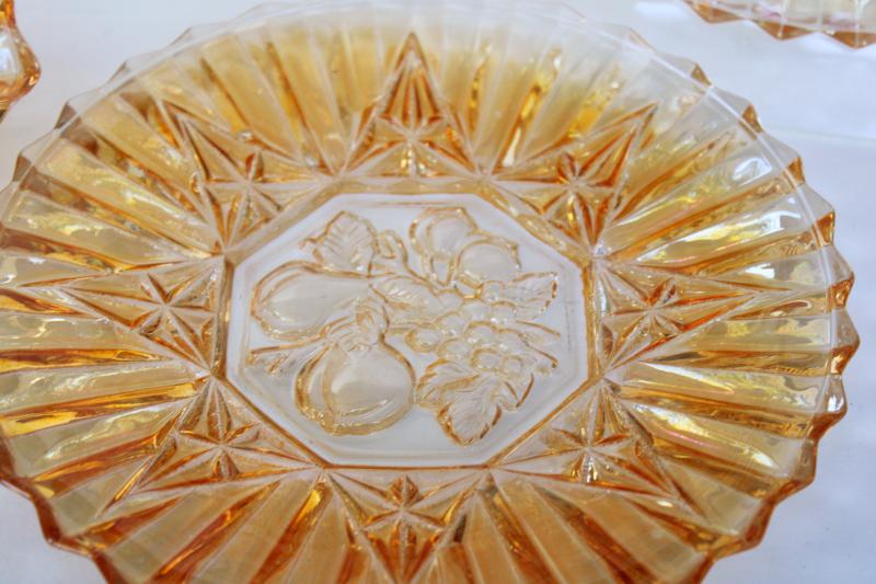 Pioneer fruit pattern vintage pressed glass plate & bowls w/ iridescent marigold color