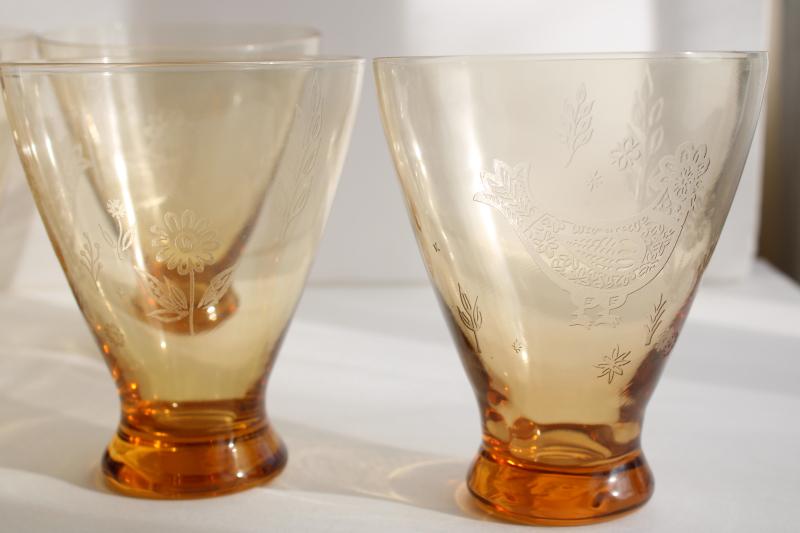 Plain n Fancy Fostoria amber glass drinking glasses, folk art chicken etched pattern