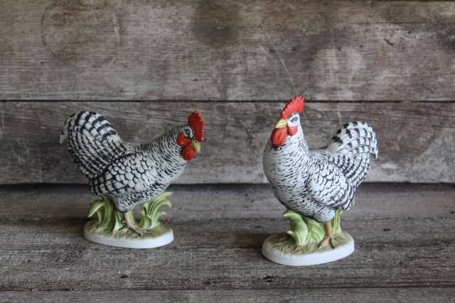 Plymouth barred rock rooster figurines, vintage Lefton china chickens