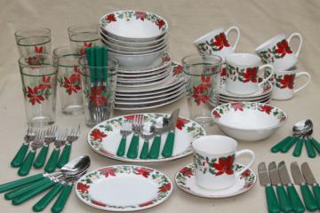 Poinsettia Holiday Gibson china Christmas dishes set for 6 w/ glass tumblers, matching flatware