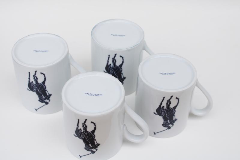 Polo mugs set of four, Ralph Lauren polo player logo print navy blue on  white