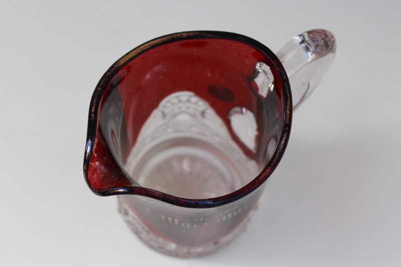 Port Washington Wisconsin souvenir, antique ruby stain pressed glass pitcher