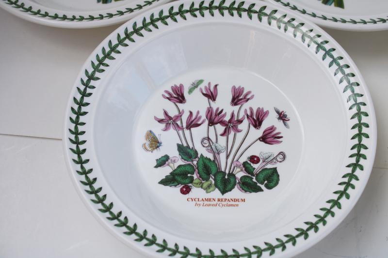 Portmeirion Botanic Garden rim soup bowls, English daisy, narcissus, cyclamen