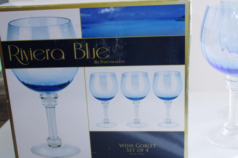 Portmeirion Riviera blue clear stem wine glasses, balloon shape goblets in original box
