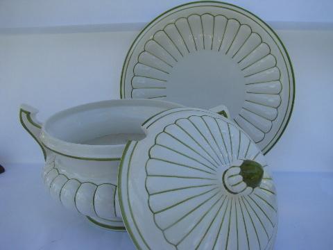 Portugese pottery, huge vintage hand-painted soup tureen, lime green & white