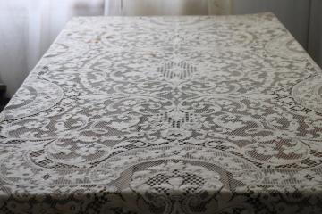 Quaker lace type vintage ivory cotton lace tablecloth, shabby chic upcycle cutter fabric