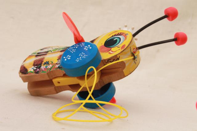Queen Buzzy Bee 1960s vintage Fisher Price wood pull toy, cute display decor Queen Bee