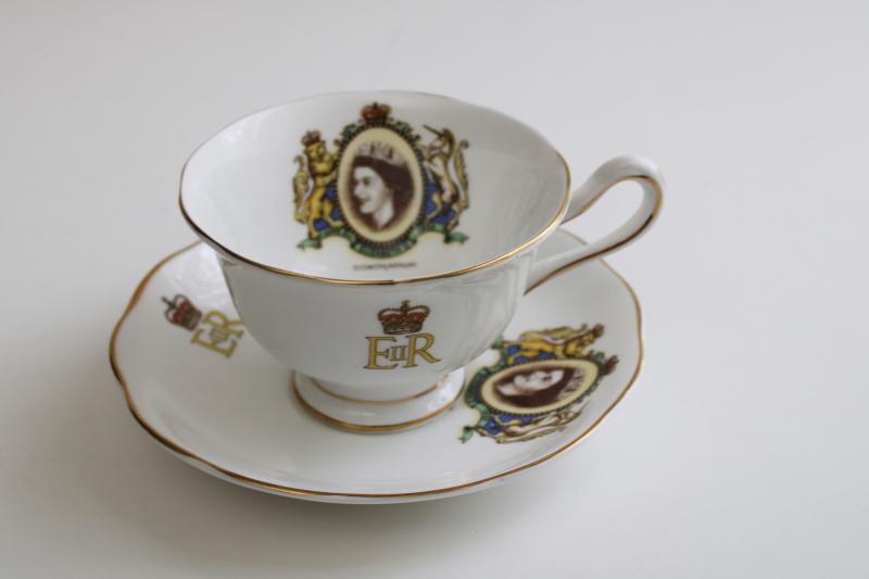 Queen Elizabeth II Coronation portrait tea cup and saucer, vintage Royal Albert china