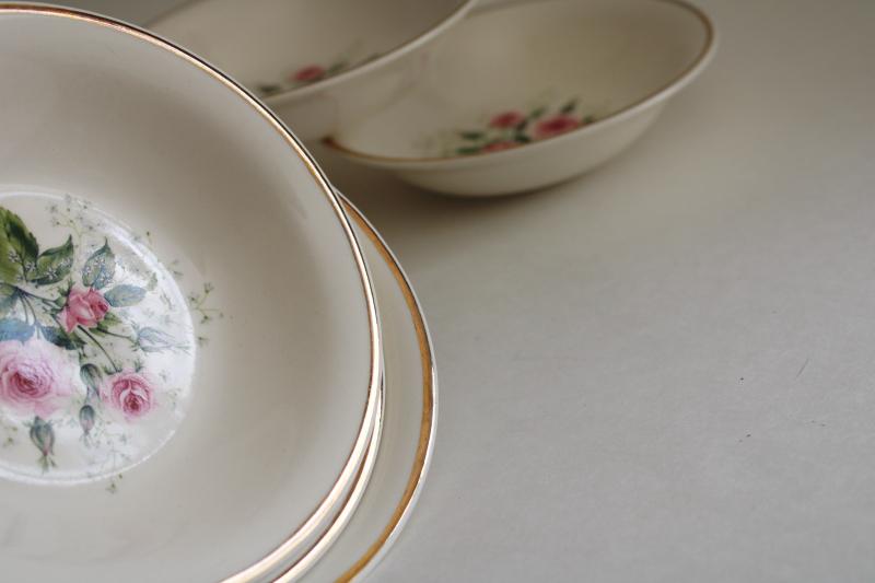 Queens Rose 1950s vintage china dessert dishes, set of 6 bowls pink roses & babys breath