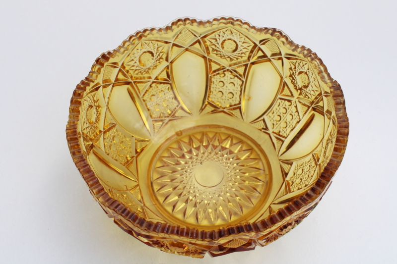Quintec pinwheel pattern pressed glass bowl, vintage amber gold glassware