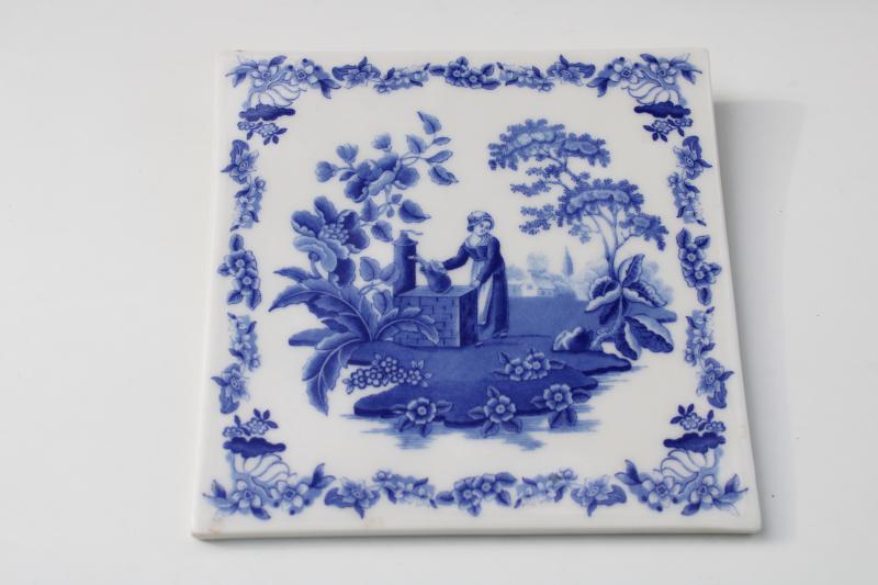 Rebecca at the well, vintage Spode china blue & white ceramic tile trivet
