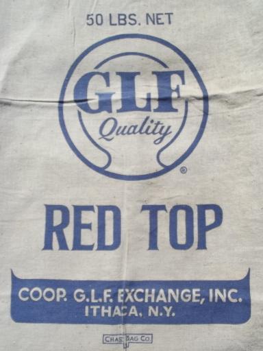 Red Top vintage clover seed cotton grain bag, old farm primitive graphics