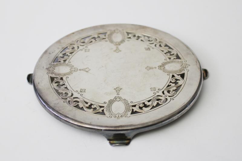Reed & Barton vintage silver plate trivet w/ pierced design, tea kettle trivet