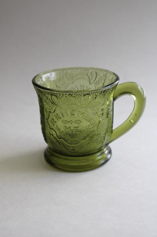 Remember Me pattern glass mug or cup, vintage reproduction antique pressed glass