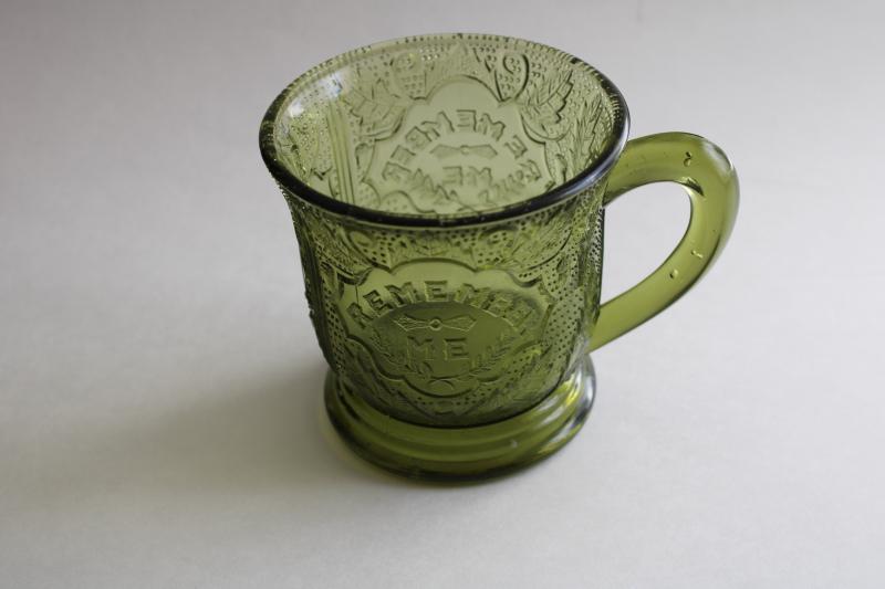 Remember Me pattern glass mug or cup, vintage reproduction antique pressed glass