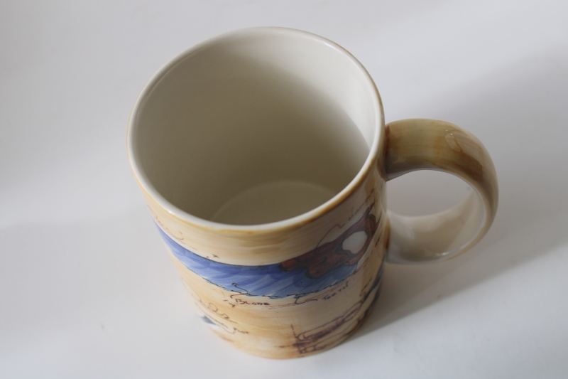 Restoration Hardware ceramic coffee mug, antique  vintage carpentry tools print