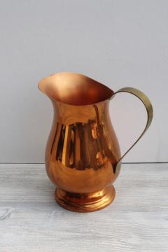 Revere style vintage patina copper pitcher w/ brass handle, vase for fall flowers